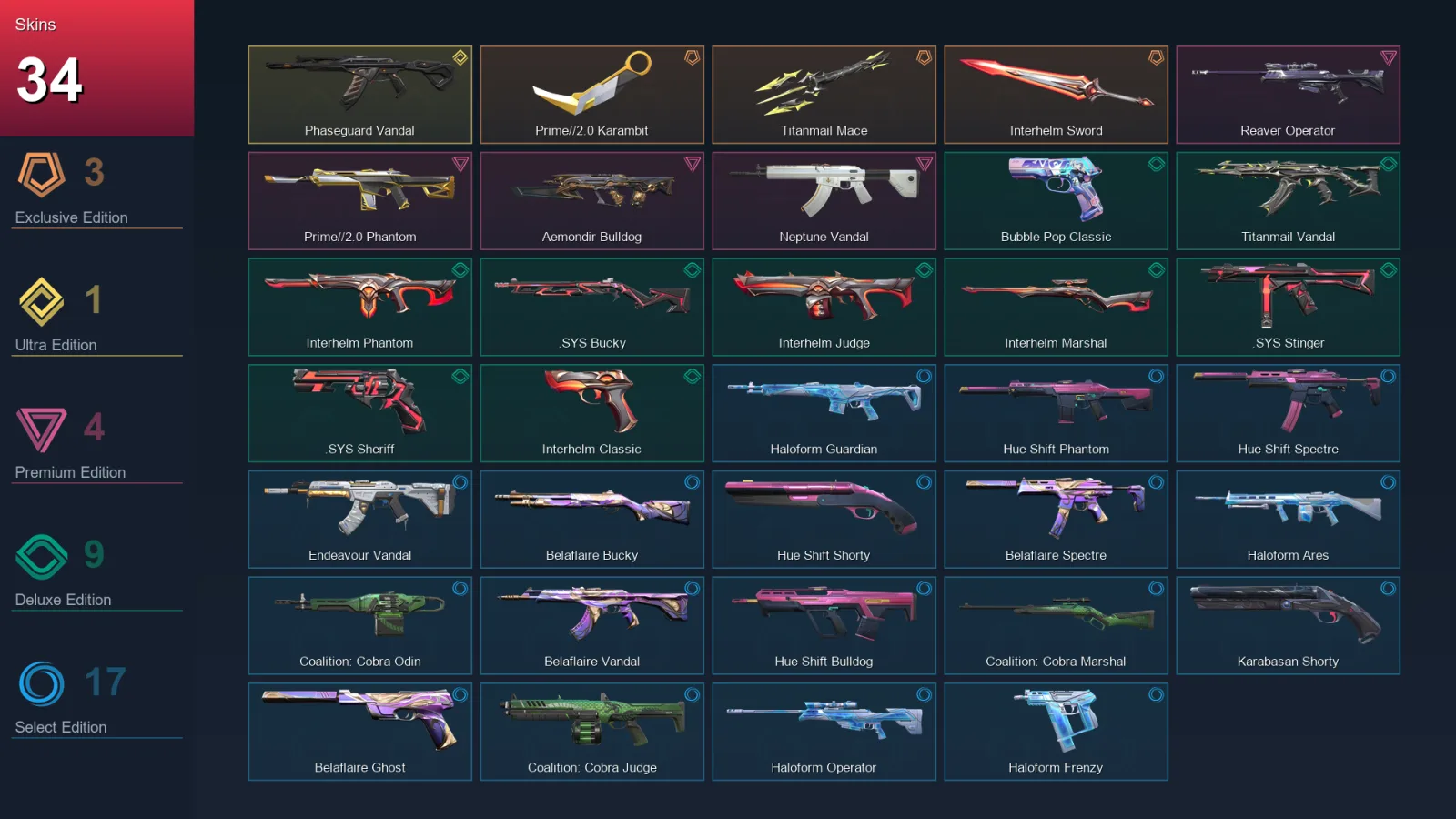 NA | Prime//2.0 Karambit | Titanmail Mace | Interhelm Sword | Phaseguard Vandal | 34 Skin | 22 Agent | 55 Buddy | Lv81 — Valorant account