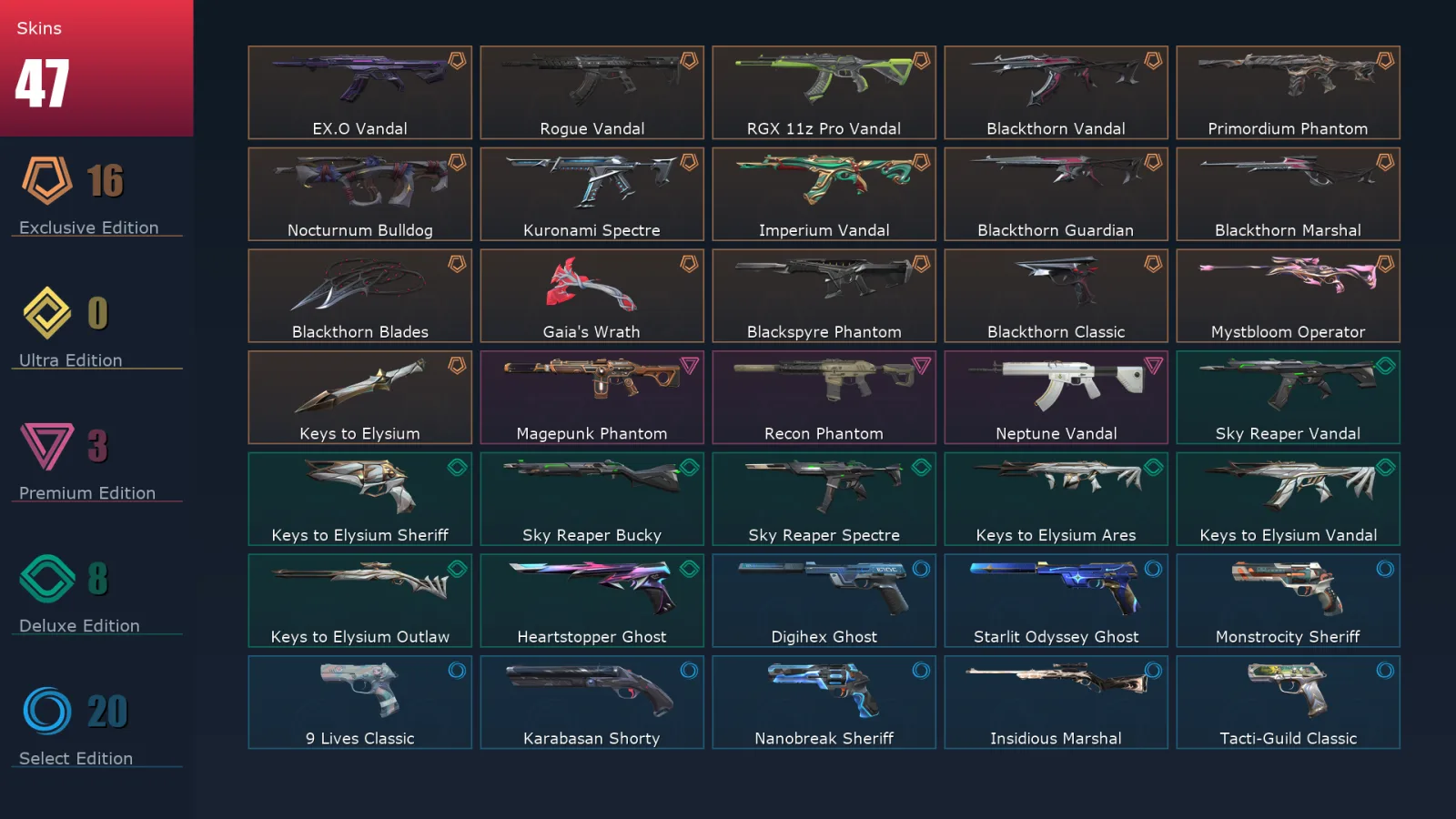 [Valorant] | EU | Level 1 | Immortal 1 | 29 Agents | 47 Skins