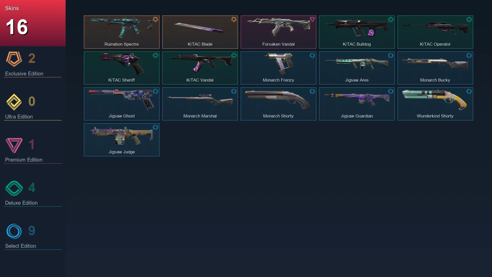 AP | Ruination Spectre | K/TAC Blade | Forsaken Vandal | K/TAC Bulldog | 16 Skin | 14 Agent | 33 Buddy | Lv73