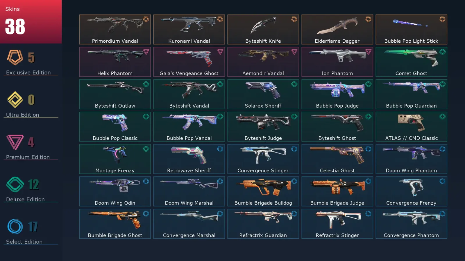 [Valorant] | EU | Level 174 | Diamond 3 | 29 Agents | 38 Skins