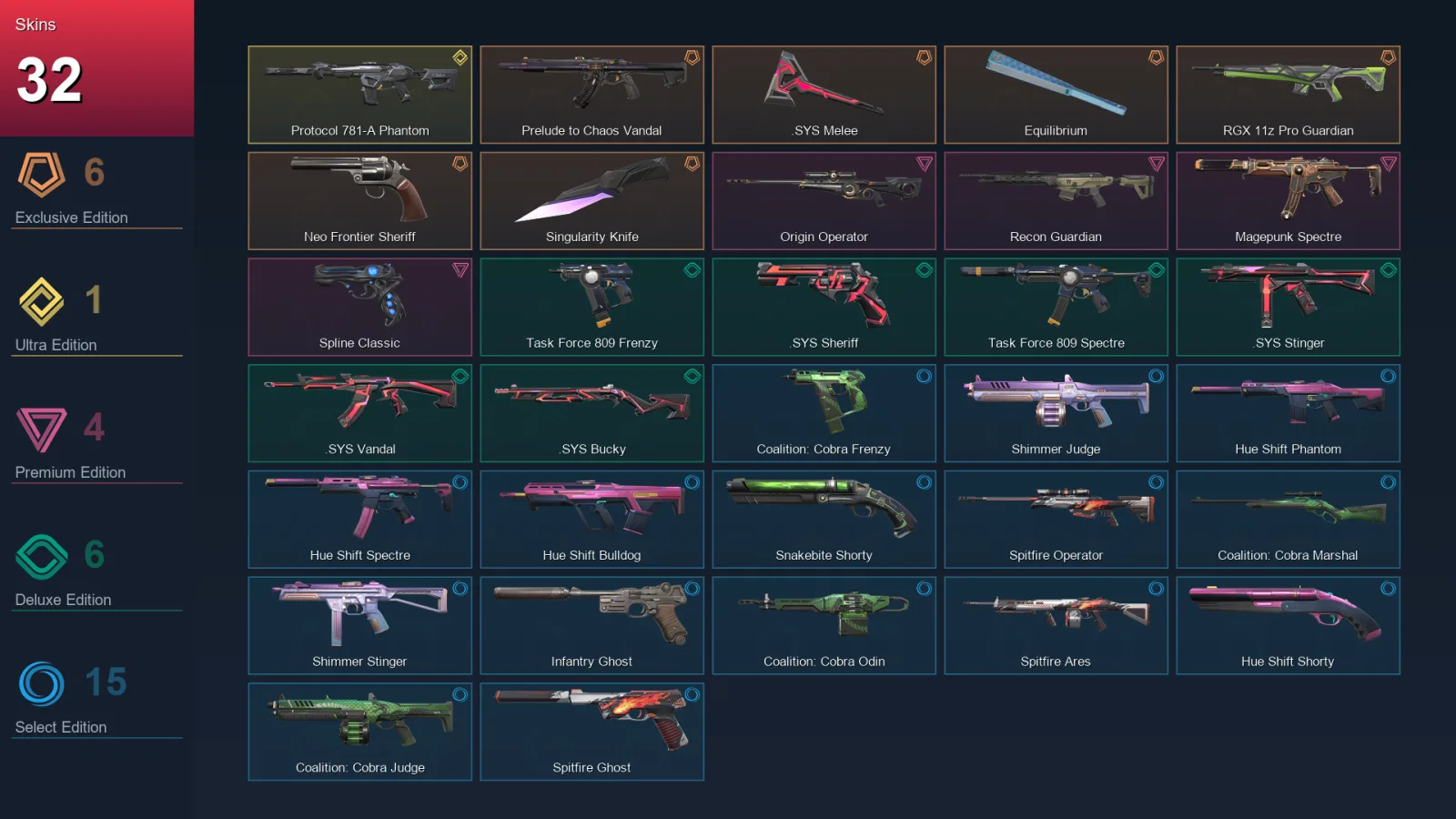 NA | Prelude to Chaos Vandal | .SYS Melee | Equilibrium | RGX 11z Pro Guardian | 32 Skin | 16 Agent | 26 Buddy | Lv59