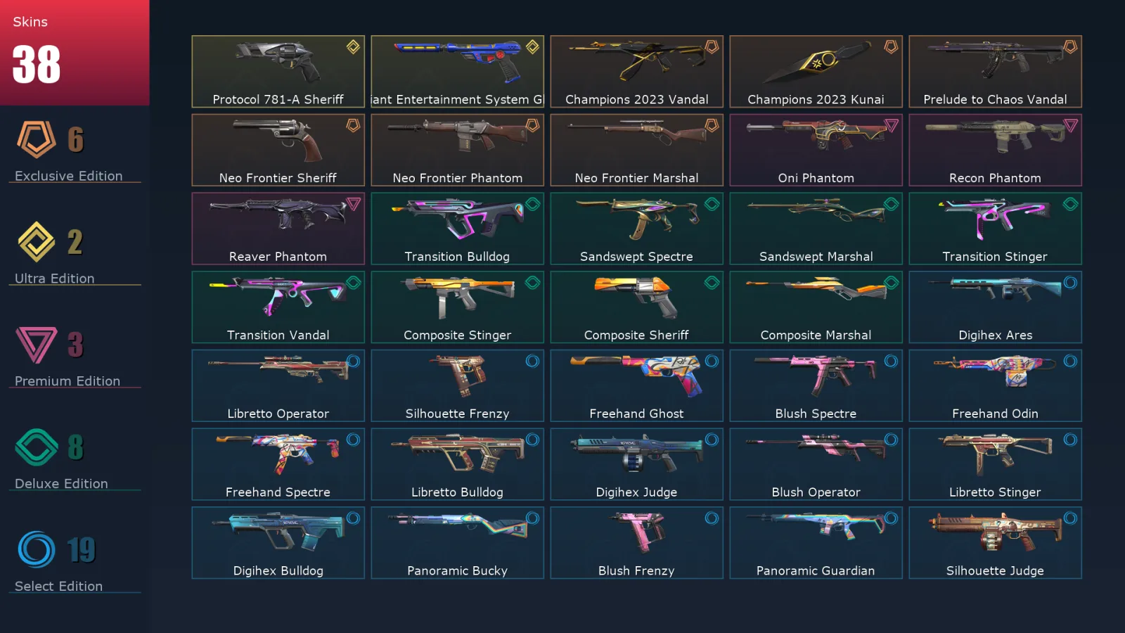 [Valorant] | EU | Level 49 | Ascendant 1 | 17 Agents | 38 Skins