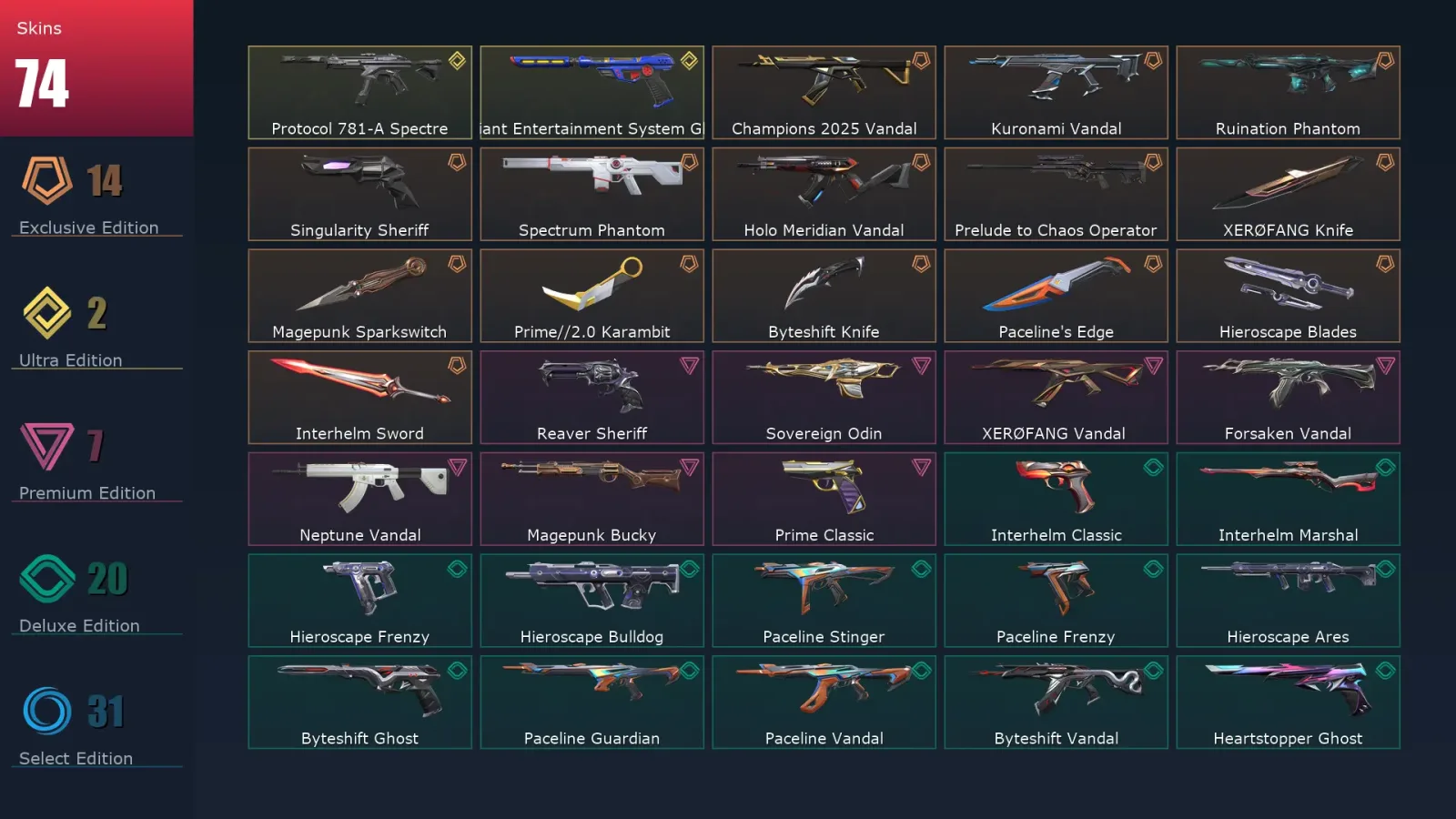 [Valorant] | EU | Level 160 | Diamond 1 | 29 Agents | 74 Skins