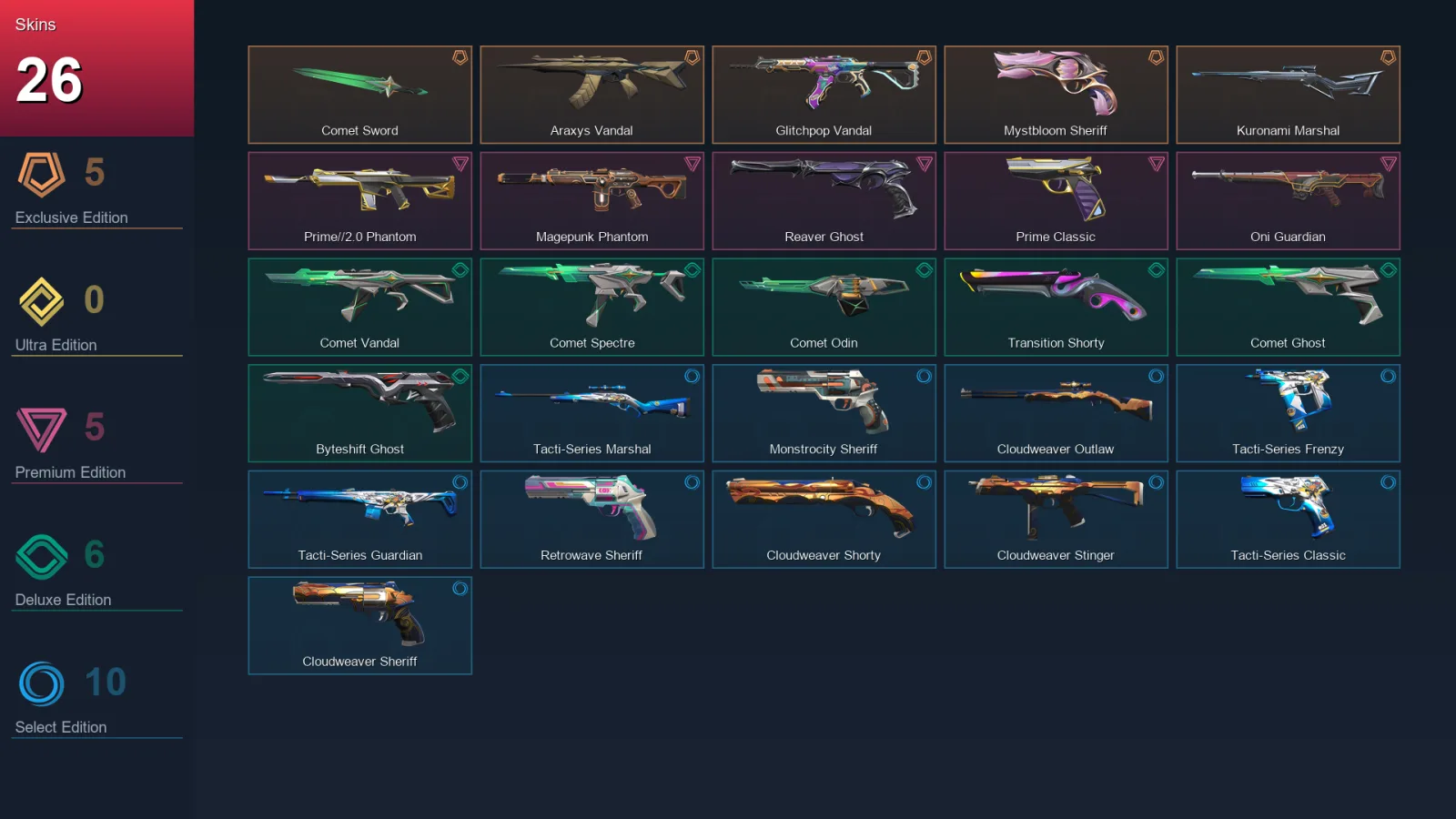 EU | Comet Sword | Araxys Vandal | Glitchpop Vandal | Mystbloom Sheriff | 26 Skin | 28 Agent | 74 Buddy | Lv141