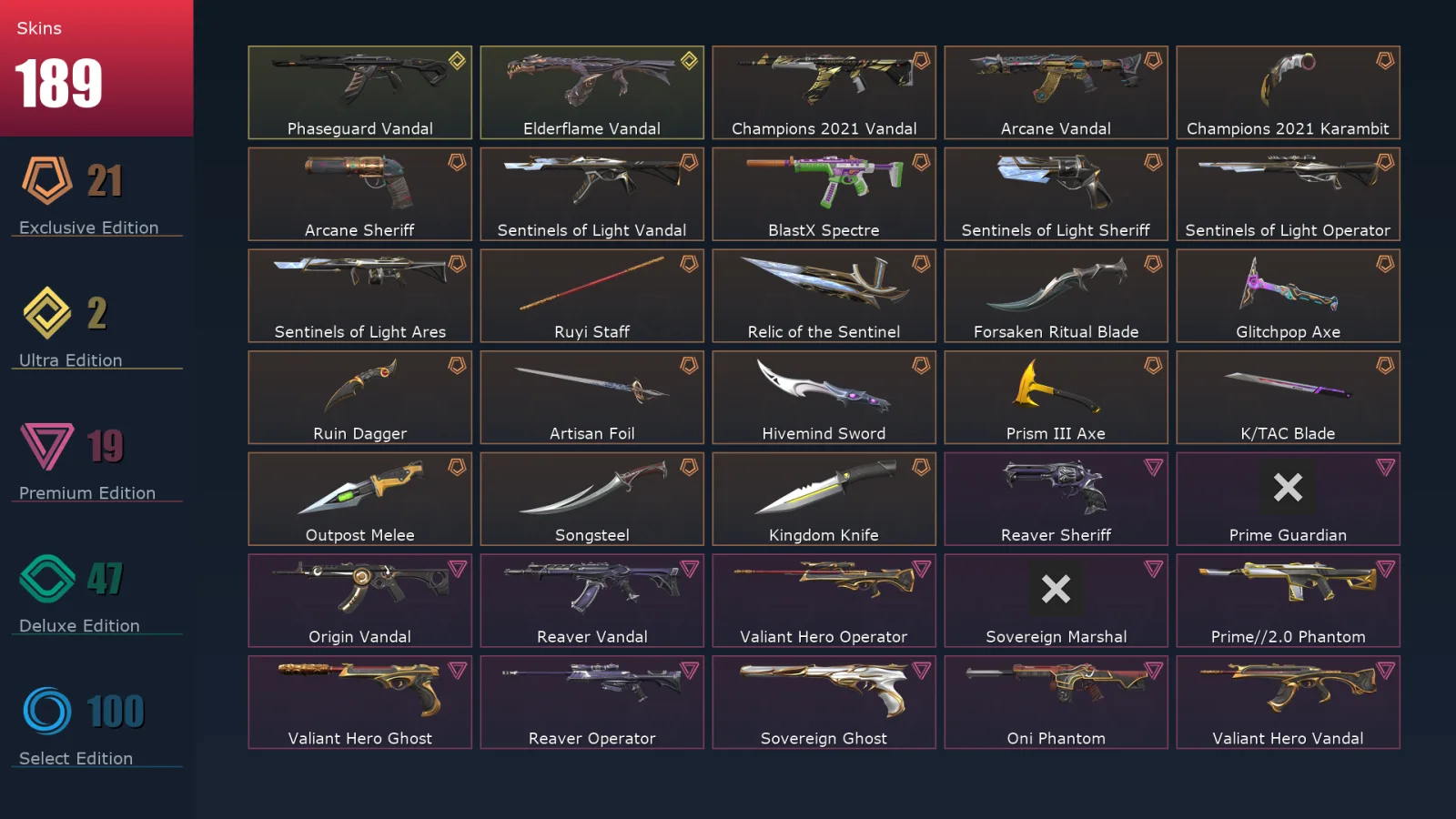 [Valorant] | EU | Level 500 | Diamond 2 | 29 Agents | 189 Skins