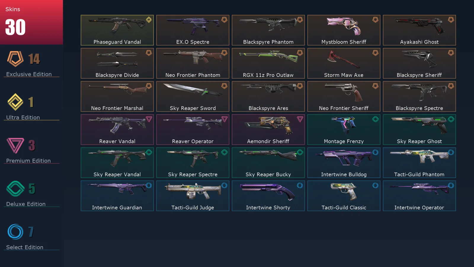 [Valorant] | EU | Level 44 | Platinum 3 | 12 Agents | 33 Skins