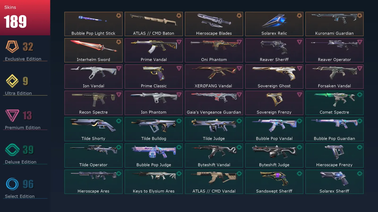 [Valorant] | EU | Level 367 | Platinum 2 | 29 Agents | 189 Skins — Champions 2025 Butterfly Knife