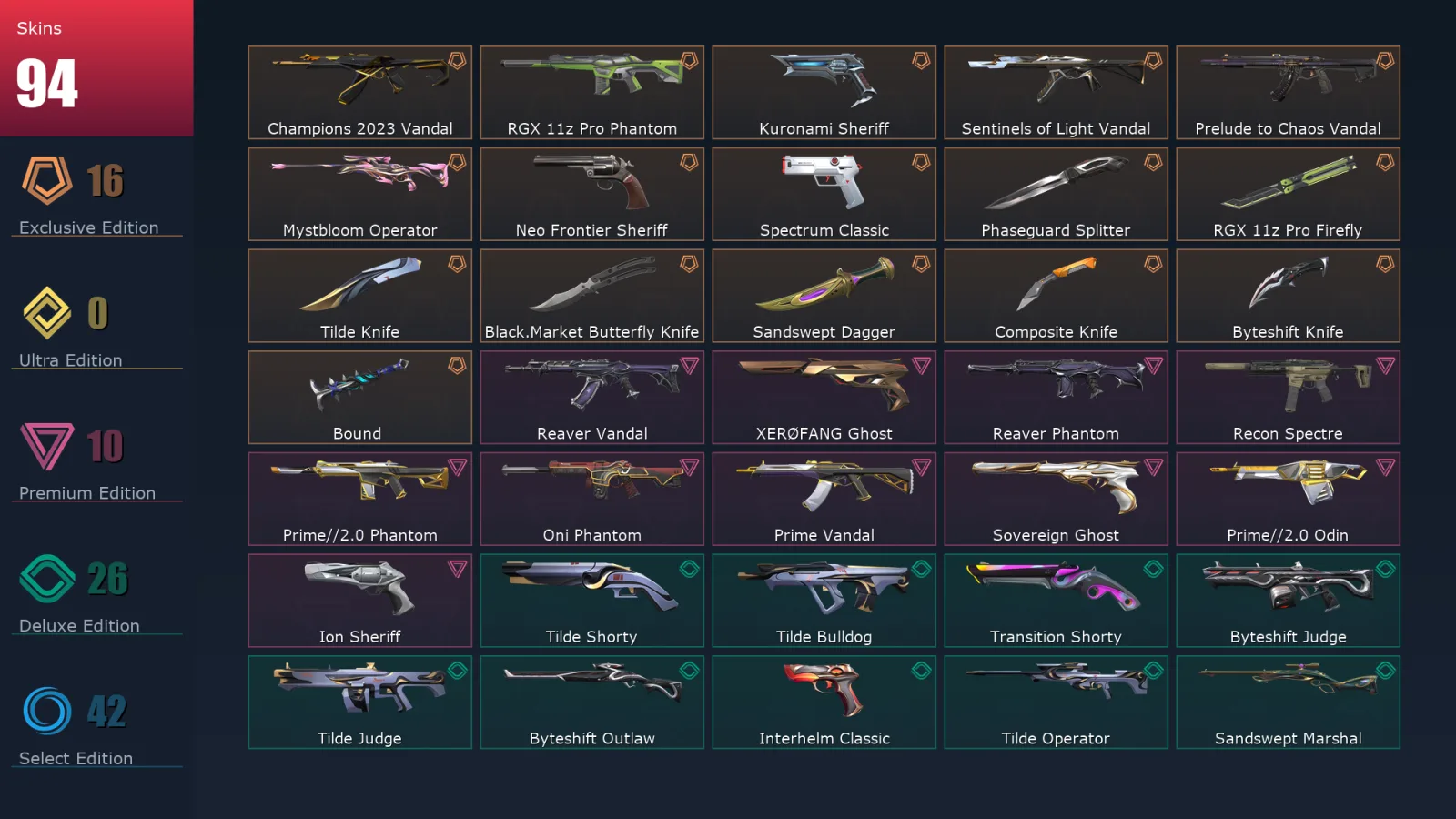 [Valorant] | EU | Level 293 | Gold 3 | 29 Agents | 94 Skins