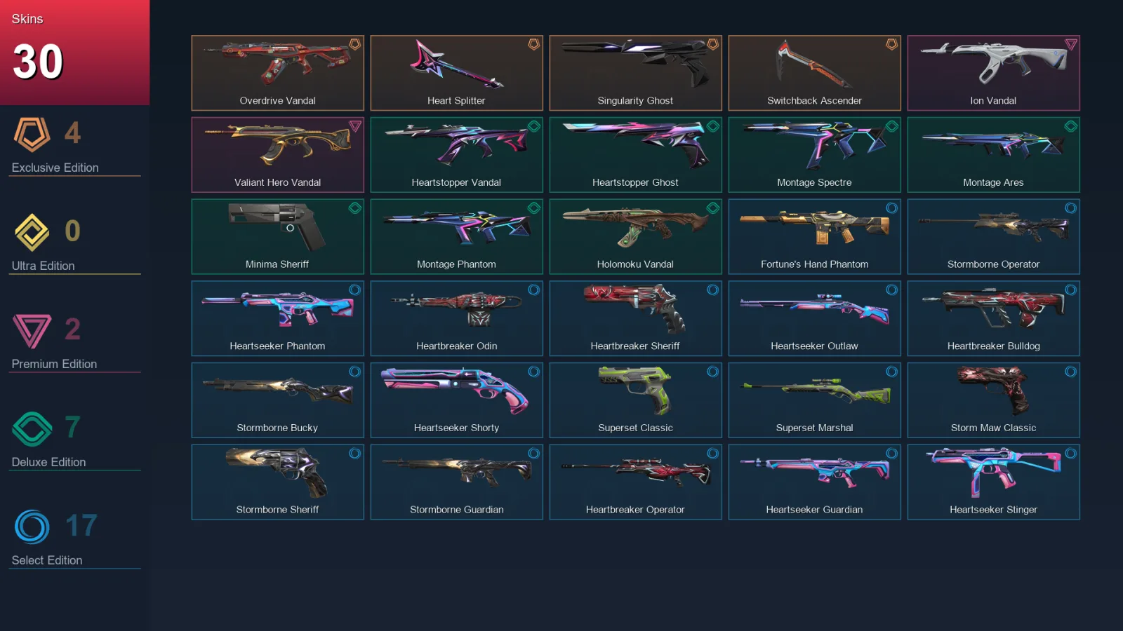 EU | Lv50 | Unranked | 30 Skin | 17 Agent | 21 Buddy &mdash; Valorant account with Guardian skin