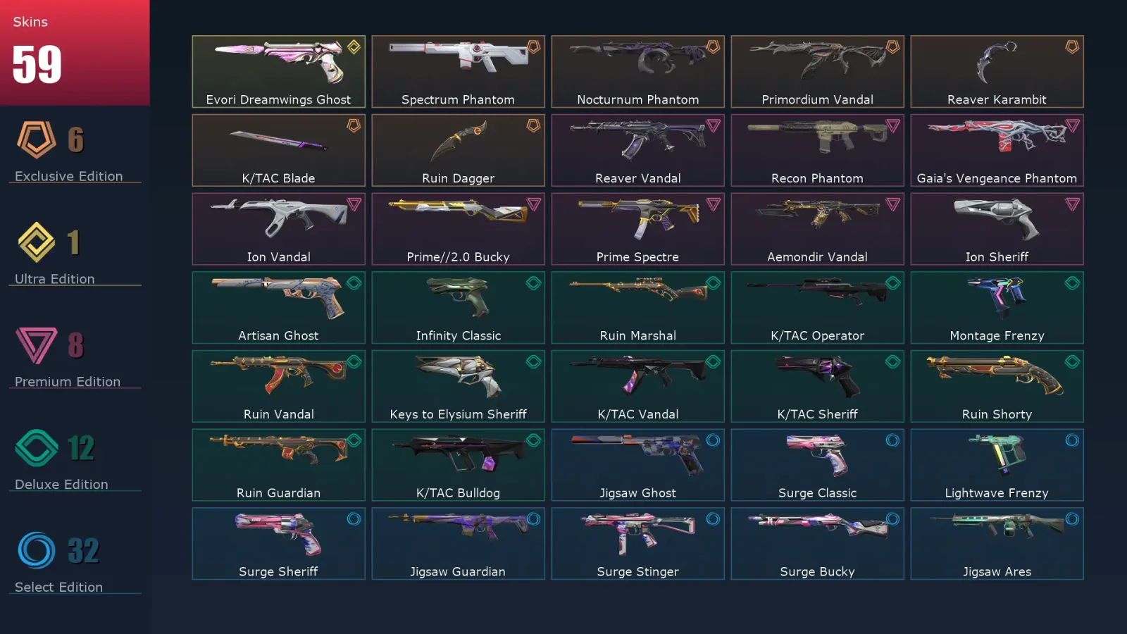 [Valorant] | EU | Level 323 | 29 Agents | 59 Skins