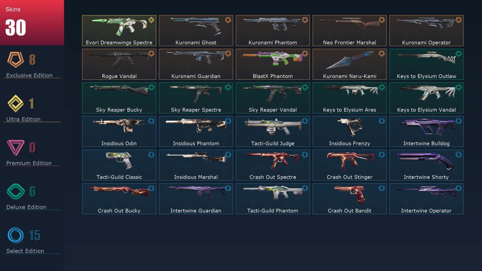 [Valorant] | EU | Level 33 | Platinum 1 | 11 Agents | 30 Skins