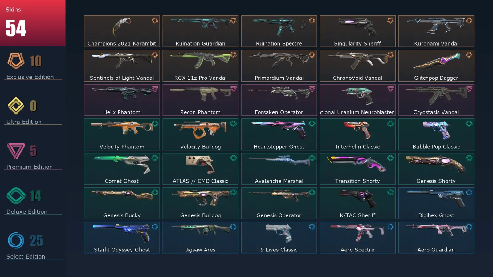 [Valorant] | EU | Level 323 | Platinum 2 | 29 Agents | 54 Skins