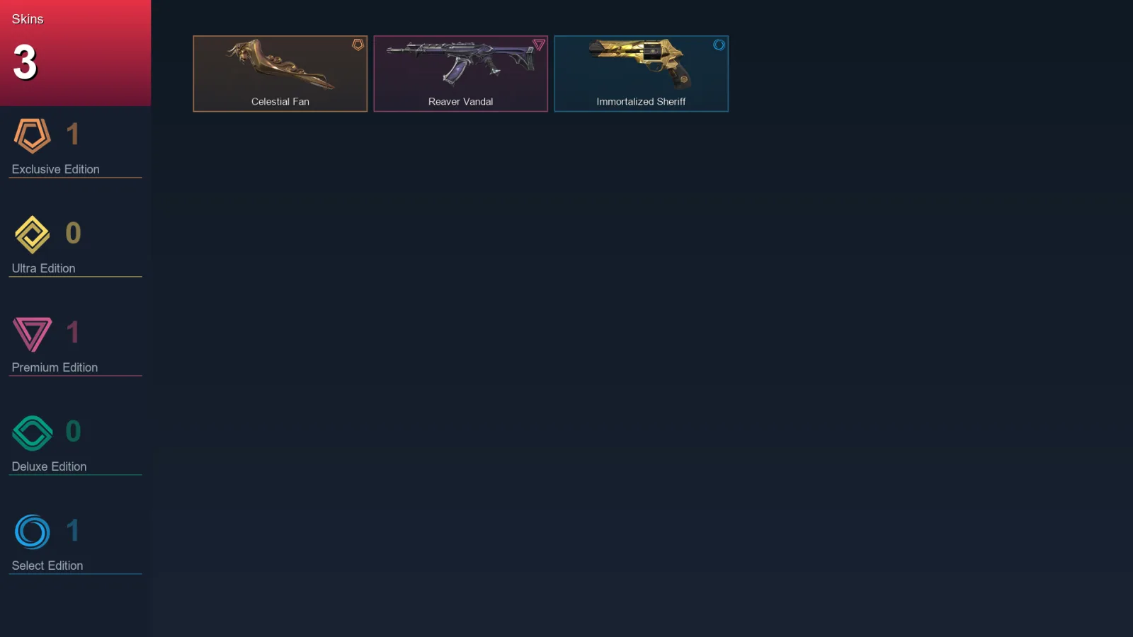 AP | Celestial Fan | Reaver Vandal | Immortalized Sheriff | 3 Skin | 16 Agent | 27 Buddy | Lv67