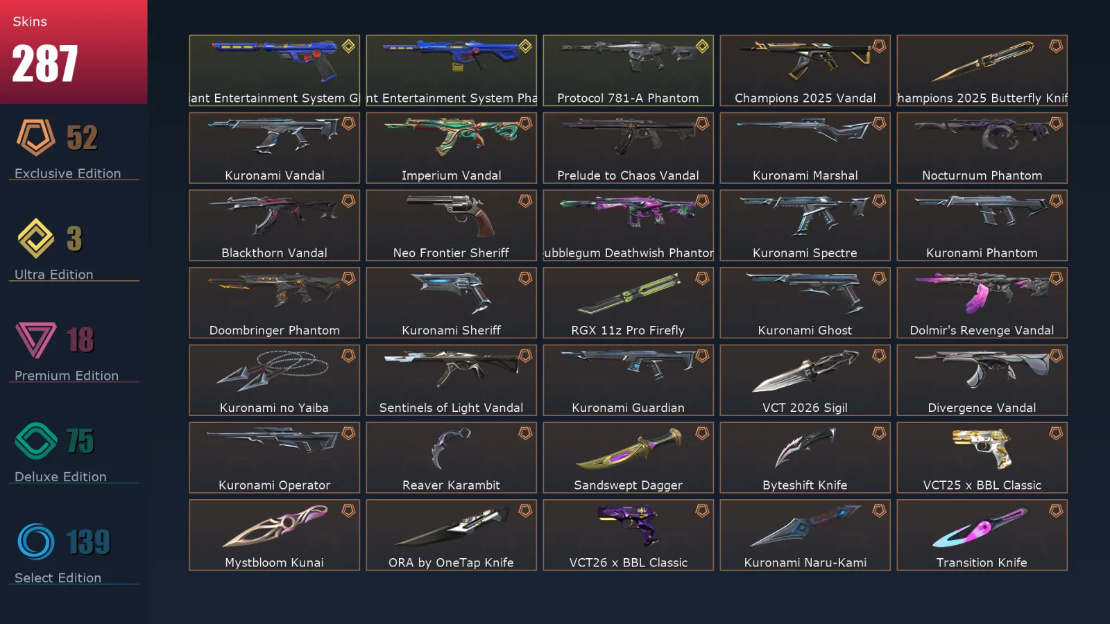 [Valorant] | EU | Level 500 | Diamond 3 | 29 Agents | 287 Skins