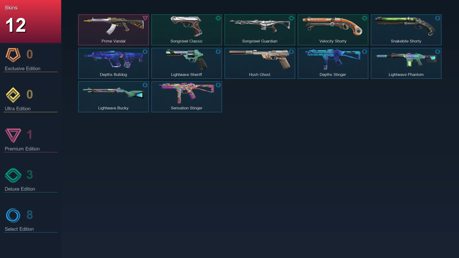 NA | Prime Vandal | Songsteel Classic | Songsteel Guardian | Velocity Shorty | 12 Skin | 23 Agent | 46 Buddy | Lv70