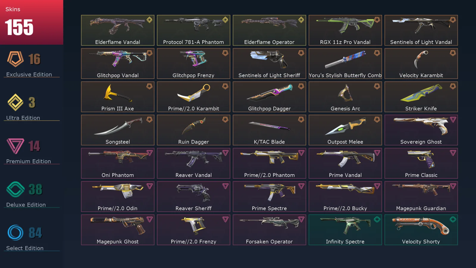 [Valorant] | EU | Level 223 | 23 Agents | 155 Skins