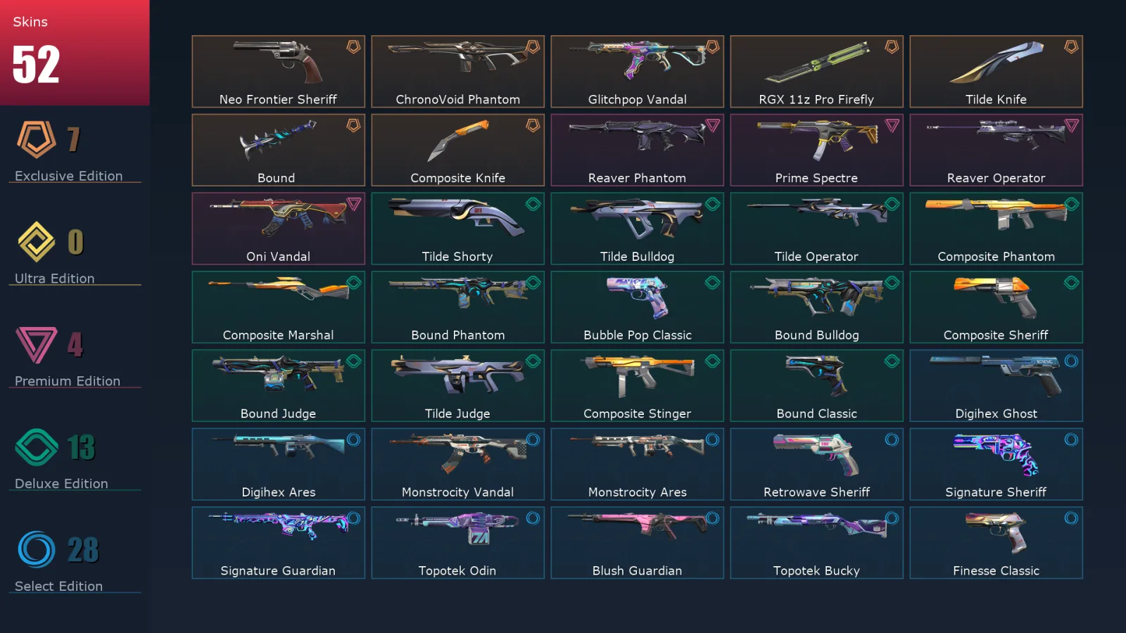 [Valorant] | EU | Level 166 | Silver 1 | 29 Agents | 52 Skins