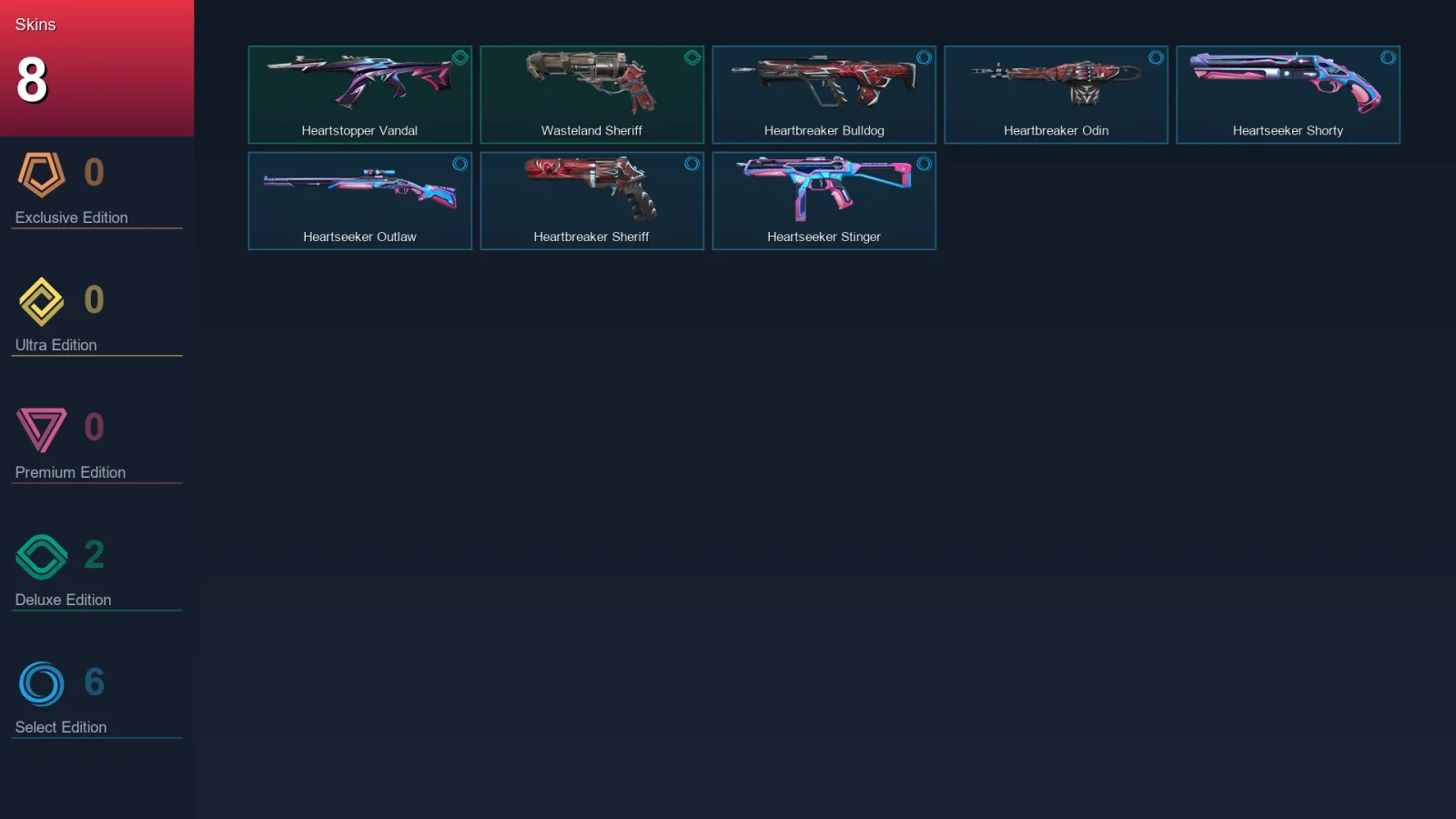 EU | Heartstopper Vandal | Wasteland Sheriff | Heartbreaker Bulldog | Heartbreaker Odin | 8 Skin | 8 Agent | 9 Buddy | Lv22