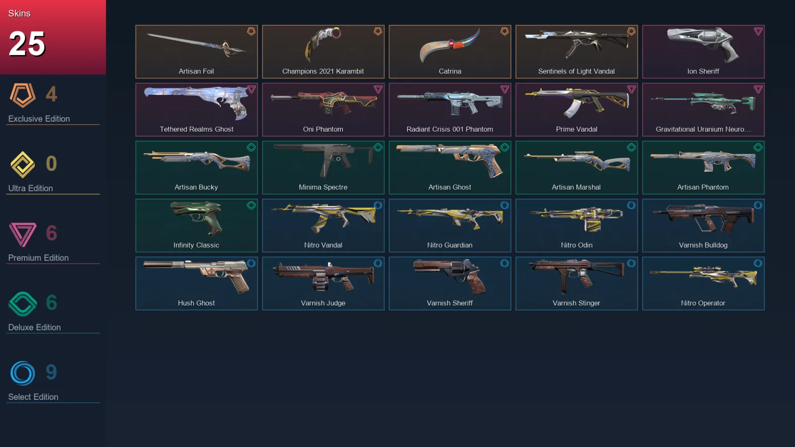 NA | Artisan Foil | Champions 2021 Karambit | Catrina | Sentinels of Light Vandal | 25 Skin | 23 Agent | 44 Buddy | Lv70