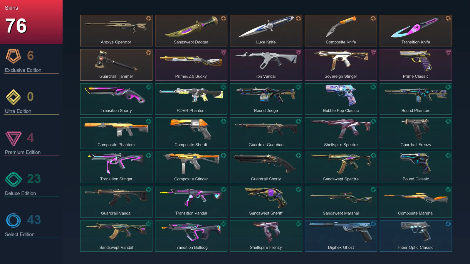 NA | Lv115 | Unranked | 76 Skin | 26 Agent | 73 Buddy