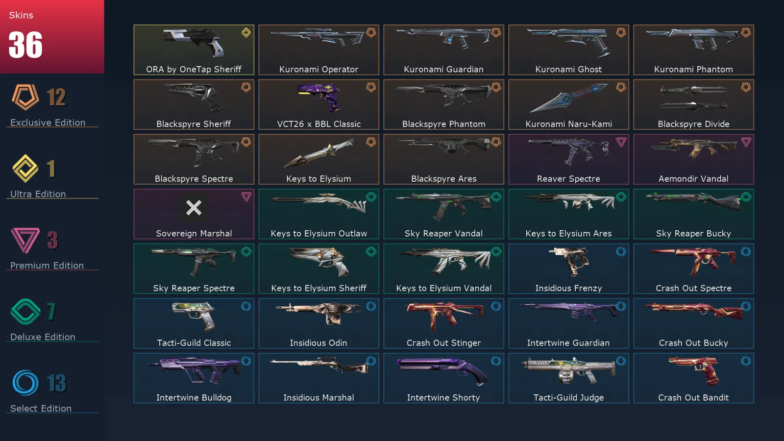 [Valorant] | EU | Level 31 | Silver 1 | 11 Agents | 36 Skins