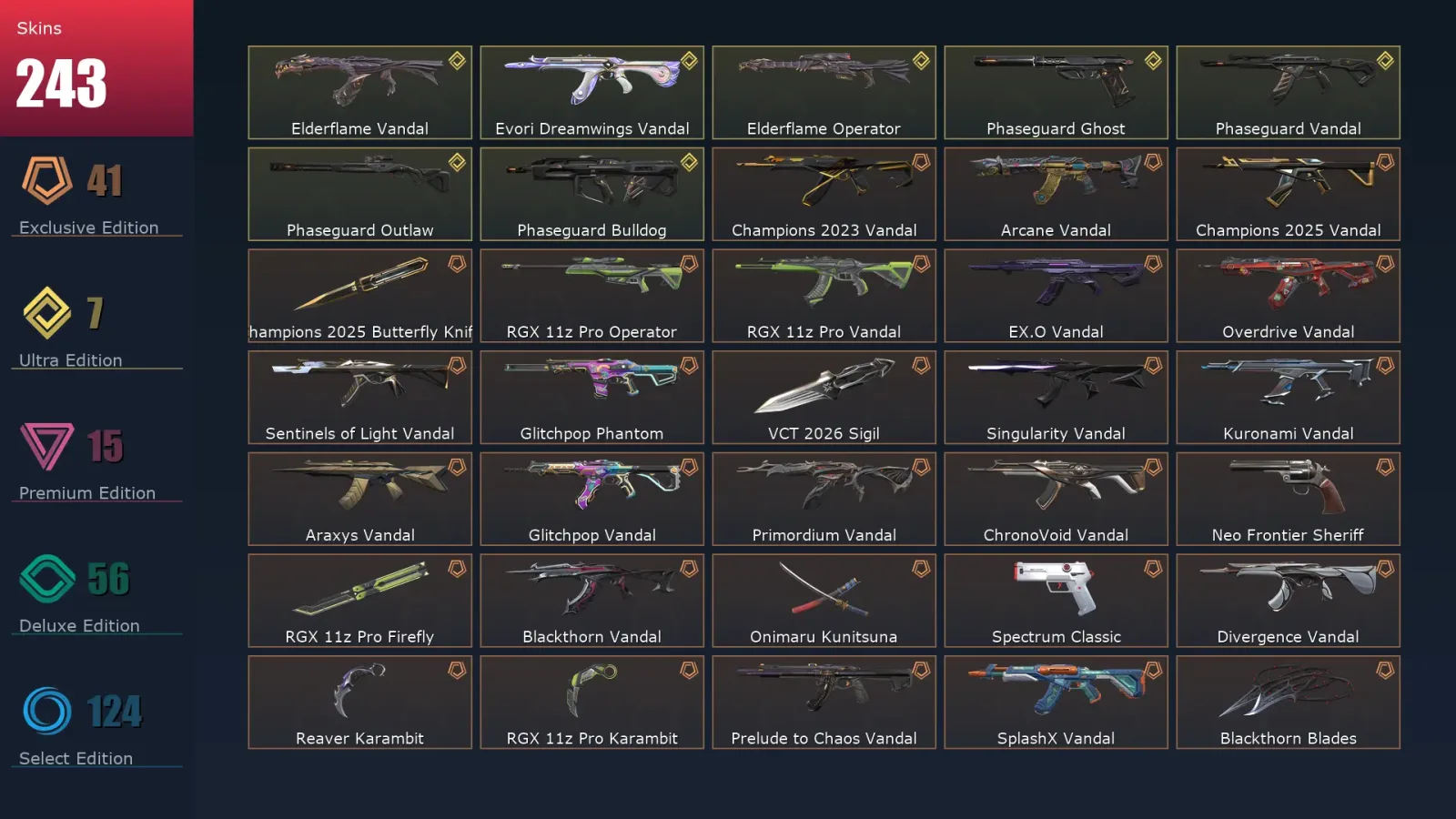 [Valorant] | EU | Level 399 | Platinum 3 | 29 Agents | 243 Skins