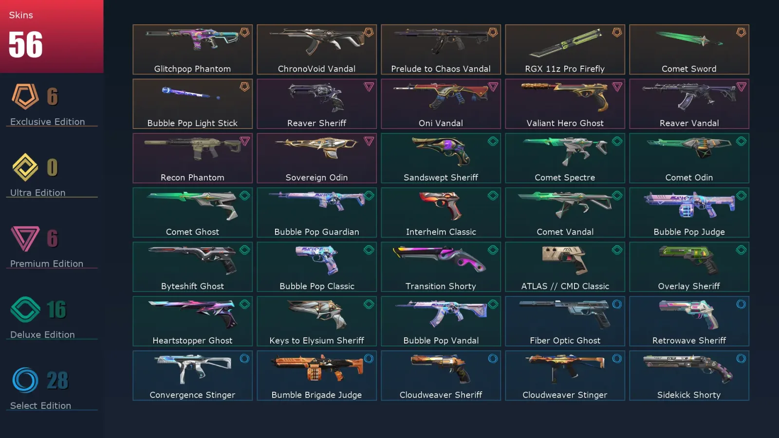 [Valorant] | EU | Level 340 | Silver 2 | 29 Agents | 56 Skins