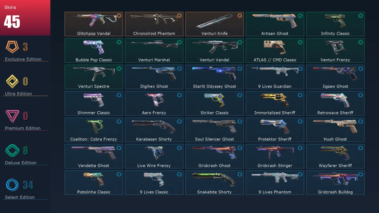 [Valorant] | EU | Level 410 | Platinum 2 | 28 Agents | 45 Skins