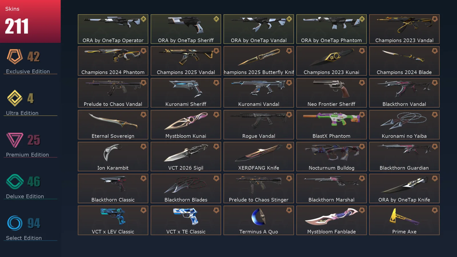 [Valorant] | EU | Level 367 | Diamond 2 | 29 Agents | 211 Skins