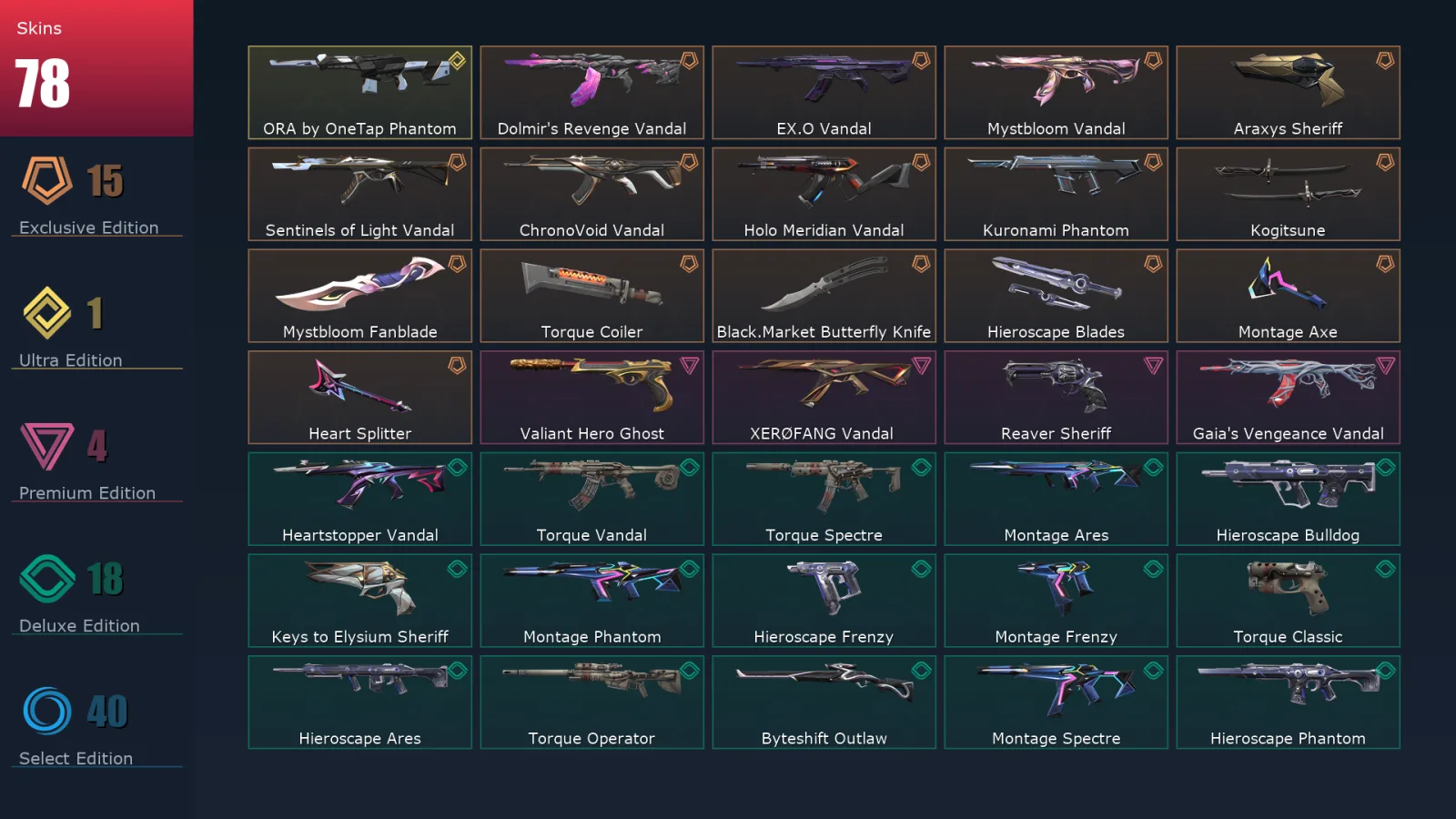 [Valorant] | EU | Level 122 | Platinum 3 | 20 Agents | 78 Skins