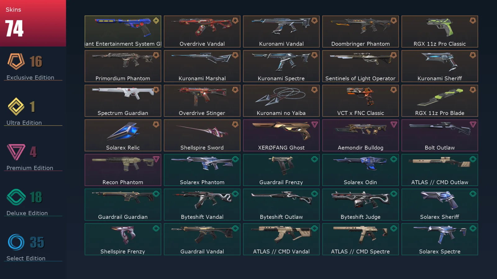 [Valorant] | EU | Level 75 | Diamond 3 | 26 Agents | 74 Skins