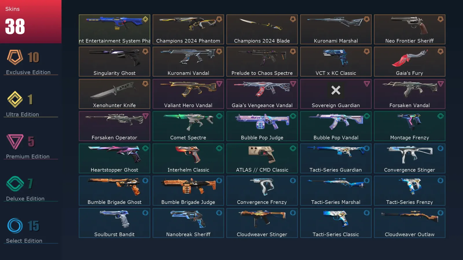 [Valorant] | EU | Level 189 | Platinum 2 | 29 Agents | 38 Skins