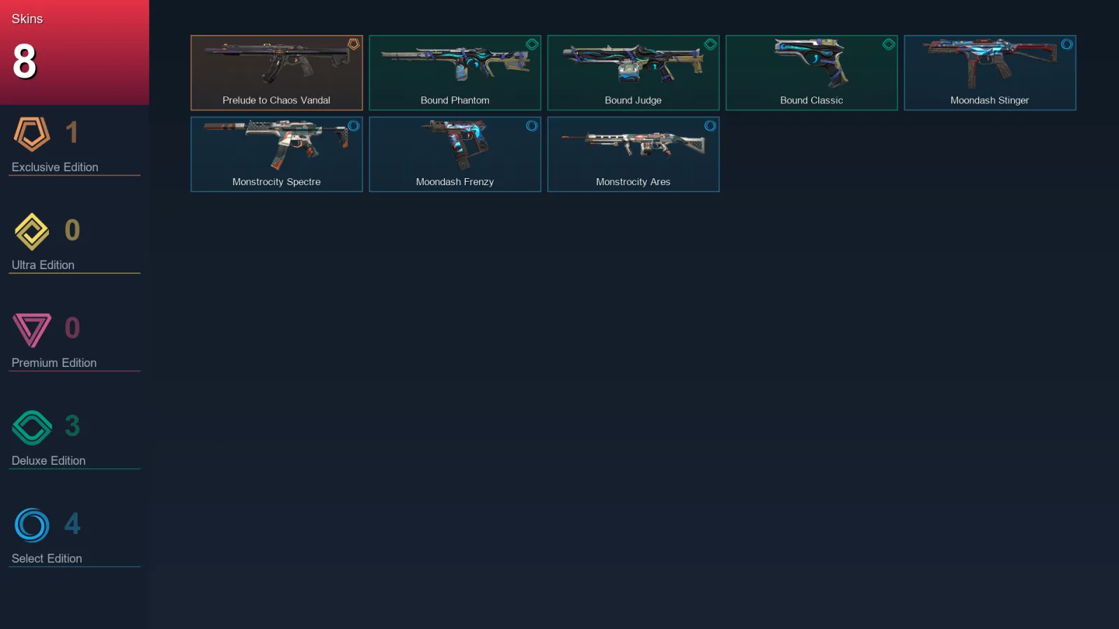 AP | Lv25 | Unranked | 8 Skin | 10 Agent | 9 Buddy — Monstrocity Spectre
