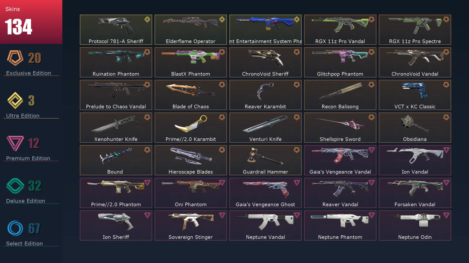 [Valorant] | EU | Level 234 | Diamond 3 | 29 Agents | 134 Skins