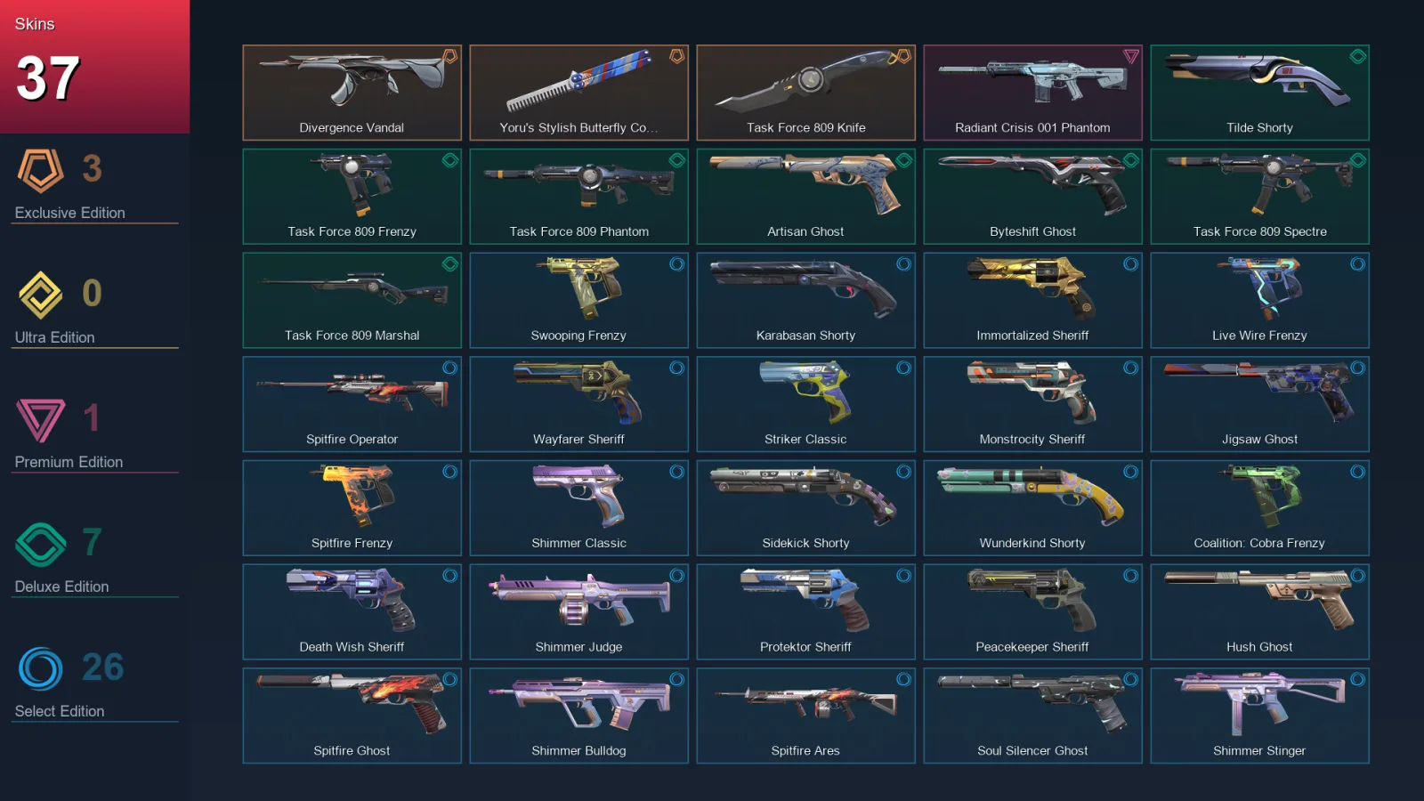 AP | Lv289 | Unranked | 37 Skin | 27 Agent | 107 Buddy