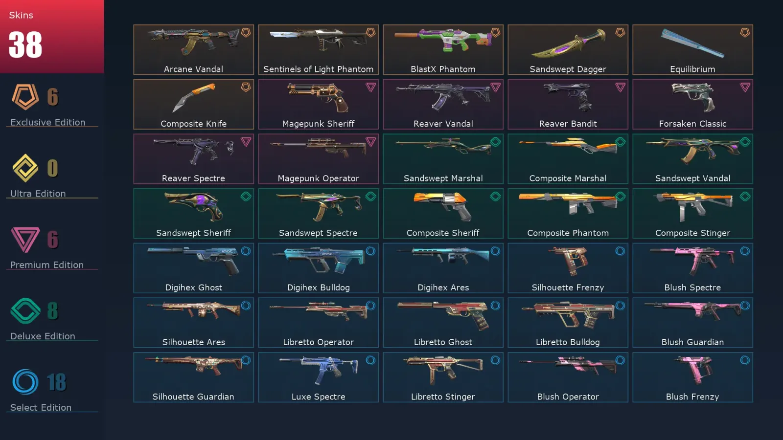 [Valorant] | EU | Level 127 | Silver 2 | 28 Agents | 38 Skins