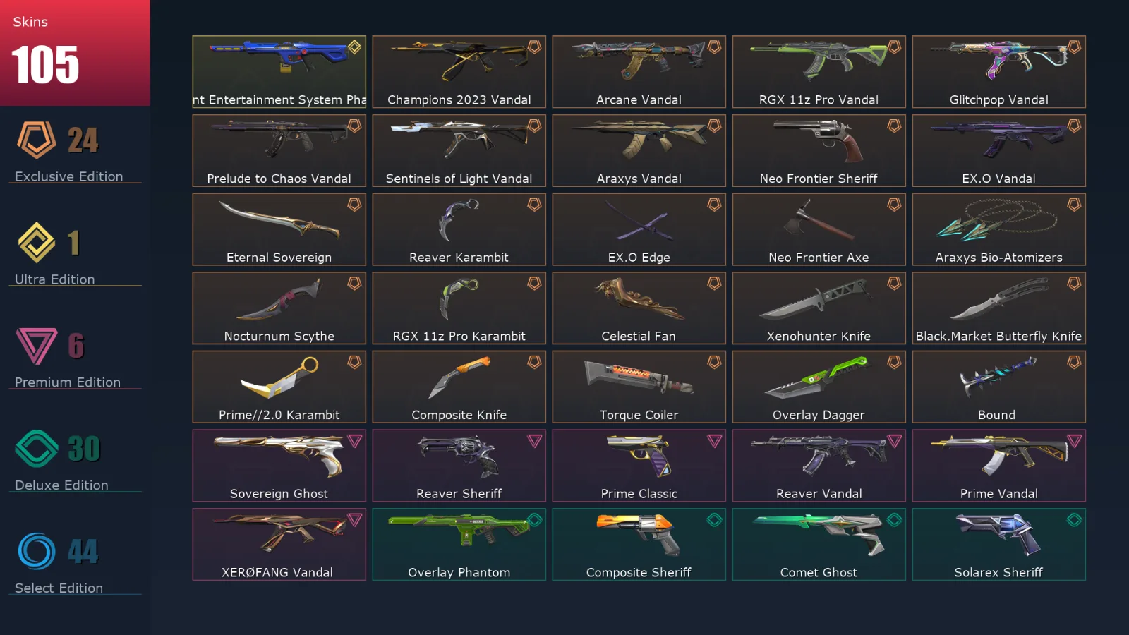 [Valorant] | EU | Level 315 | Diamond 3 | 29 Agents | 105 Skins