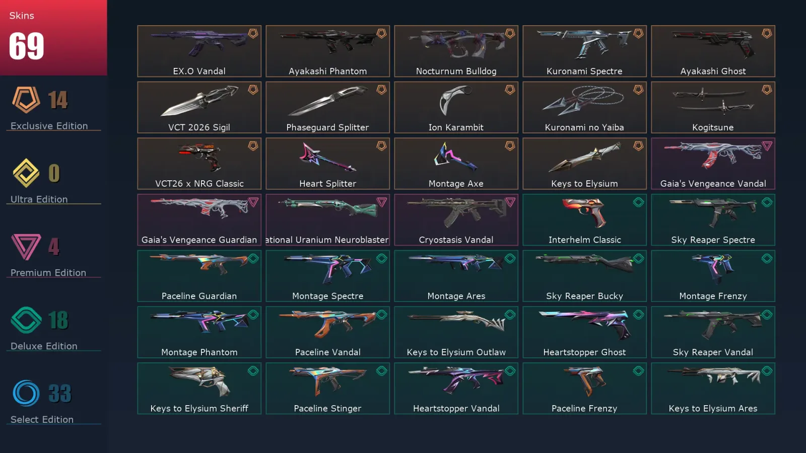 [Valorant] | EU | Level 96 | 16 Agents | 69 Skins