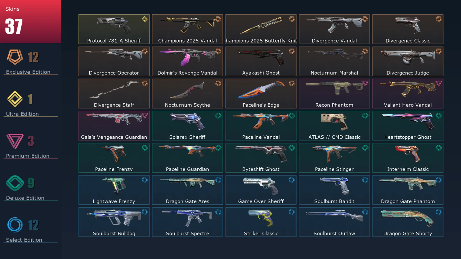 [Valorant] | EU | Level 202 | 29 Agents | 37 Skins