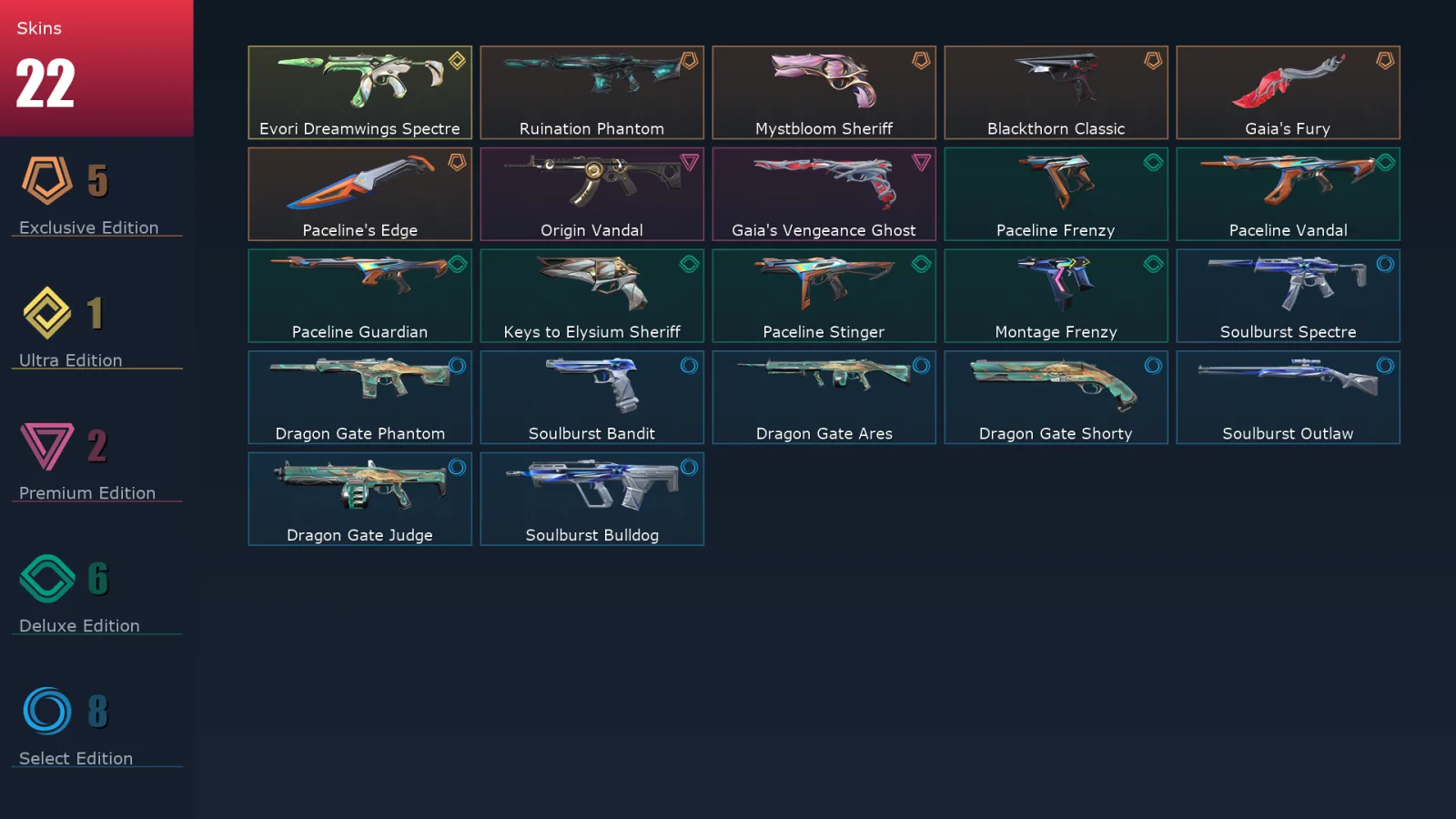 [Valorant] | EU | Level 44 | Platinum 2 | 16 Agents | 22 Skins