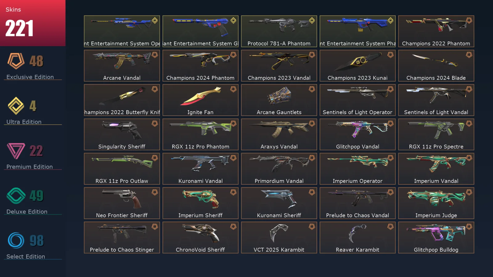 [Valorant] | EU | Level 304 | 27 Agents | 221 Skins