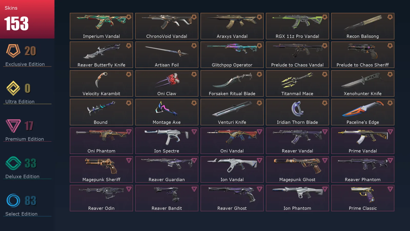 [Valorant] | EU | Level 437 | Gold 1 | 29 Agents | 153 Skins