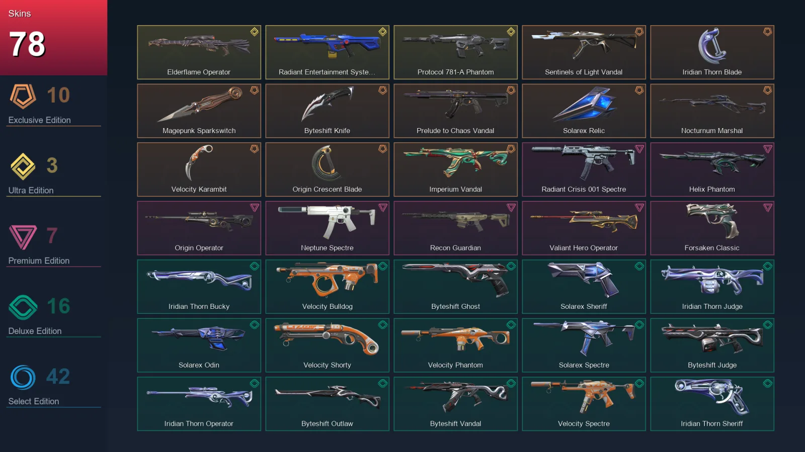 NA | Sentinels of Light Vandal | Iridian Thorn Blade | Magepunk Sparkswitch | Byteshift Knife | 78 Skin | 28 Agent | 120 Buddy | Lv230