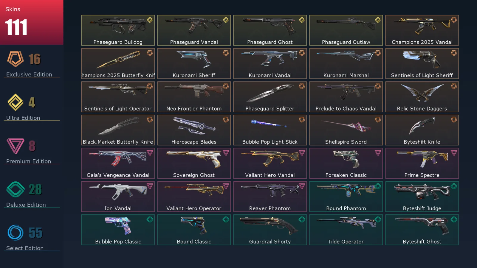 [Valorant] | EU | Level 103 | 28 Agents | 111 Skins