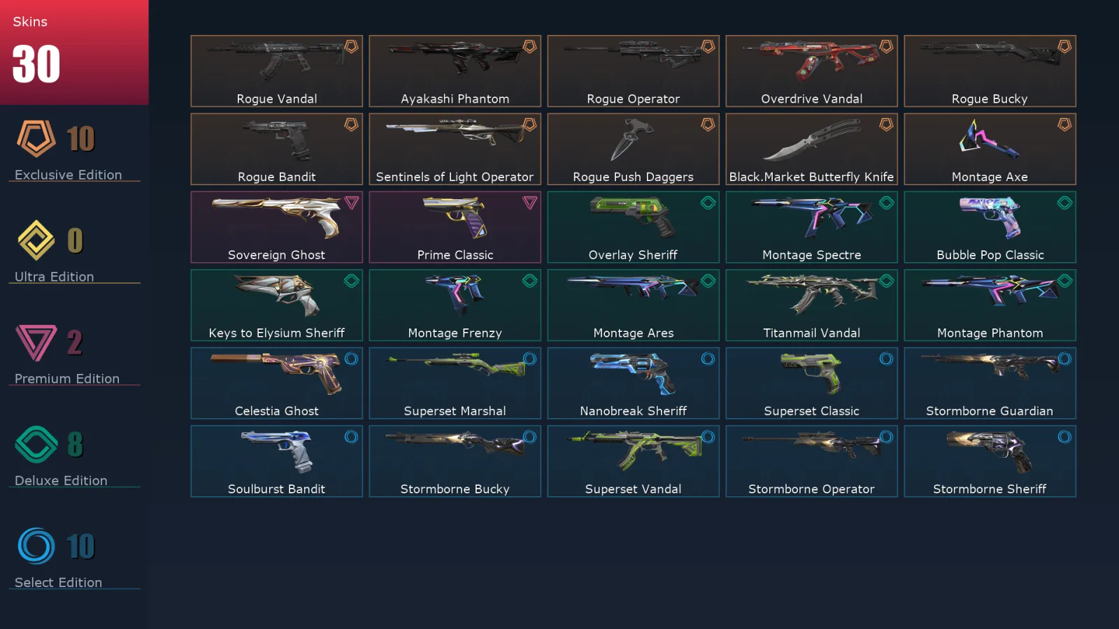 [Valorant] | EU | Level 138 | Platinum 2 | 29 Agents | 30 Skins
