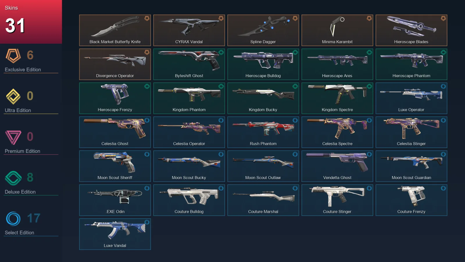 EU | Lv104 | Platinum I | 31 Skin | 28 Agent | 55 Buddy