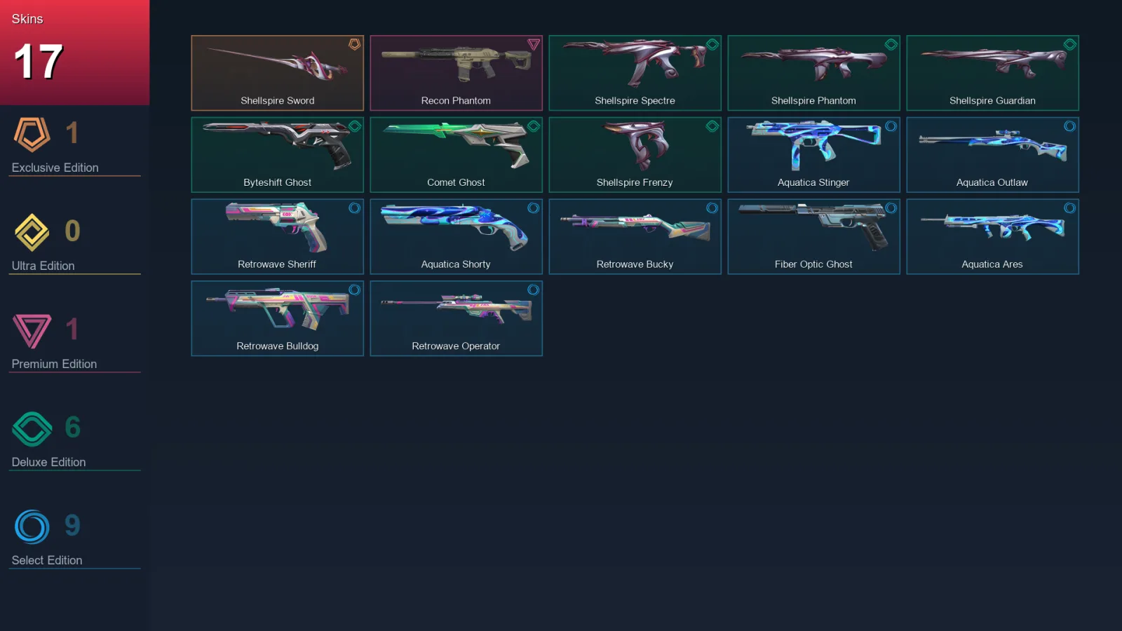 AP | Shellspire Sword | Recon Phantom | Shellspire Spectre | Shellspire Phantom | 17 Skin | 29 Agent | 52 Buddy | Lv153