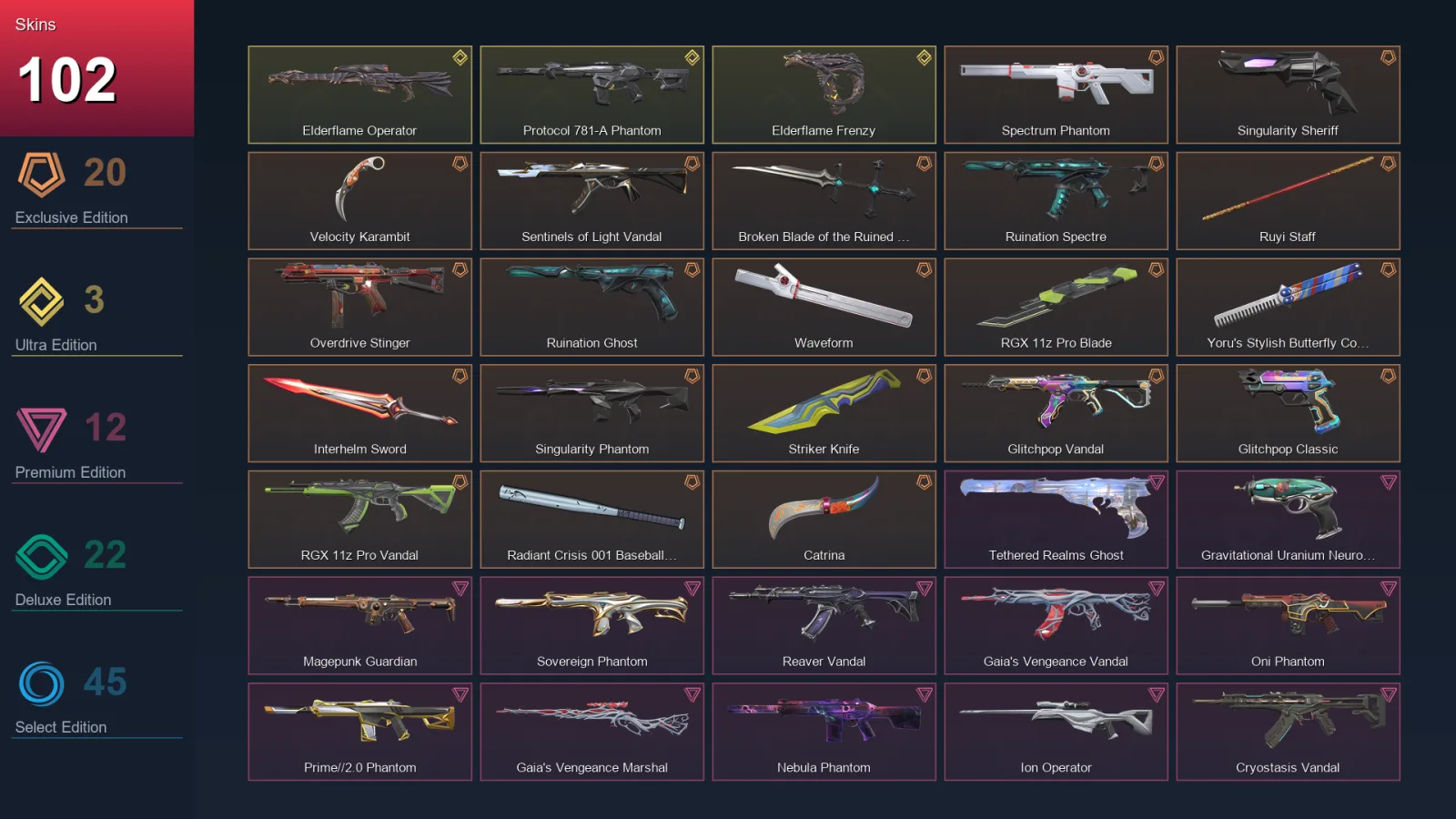 EU | Spectrum Phantom | Singularity Sheriff | Velocity Karambit | Sentinels of Light Vandal | 102 Skin | 27 Agent | 79 Buddy | Lv95