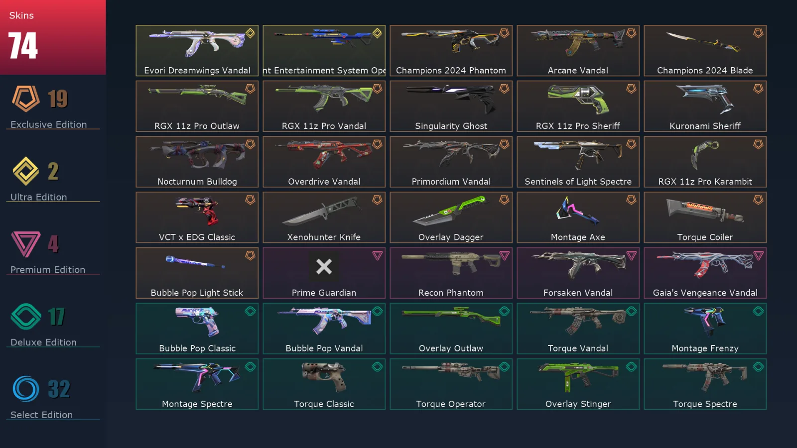 [Valorant] | EU | Level 155 | 29 Agents | 74 Skins