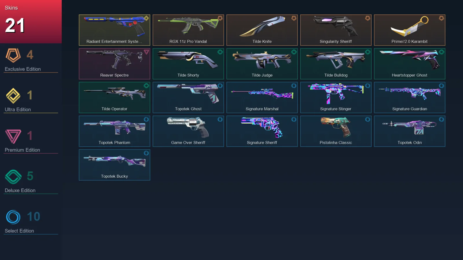 EU | RGX 11z Pro Vandal | Tilde Knife | Singularity Sheriff | Prime//2.0 Karambit | 21 Skin | 28 Agent | 76 Buddy | Lv129
